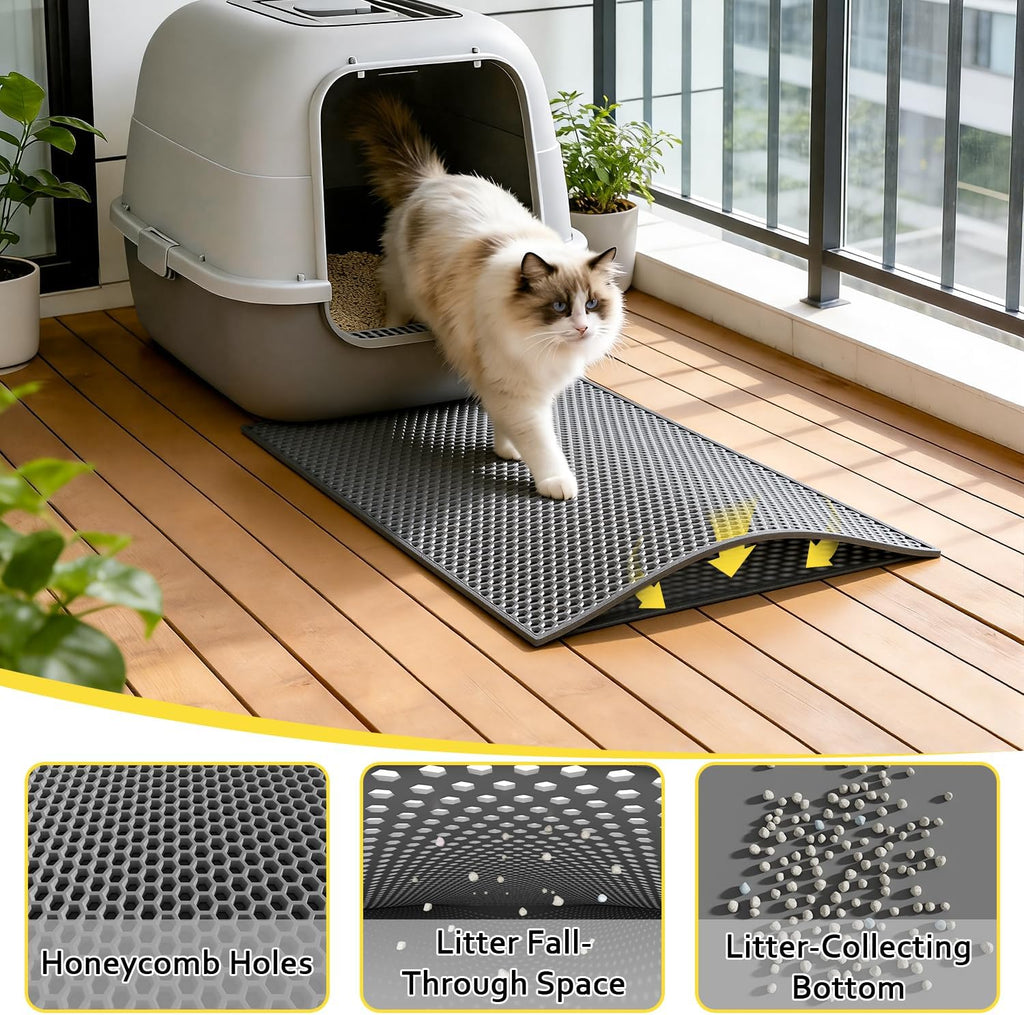 Cat Litter Mat, 15X24 Inch Litter Box Mat,Honeycomb Double Layer Trapping Litter Mat Design,Waterproof Urine Proof Kitty Litter Mat,Easy Clean Scatter Control (Grey, 15X24 Inch (Pack of 1))